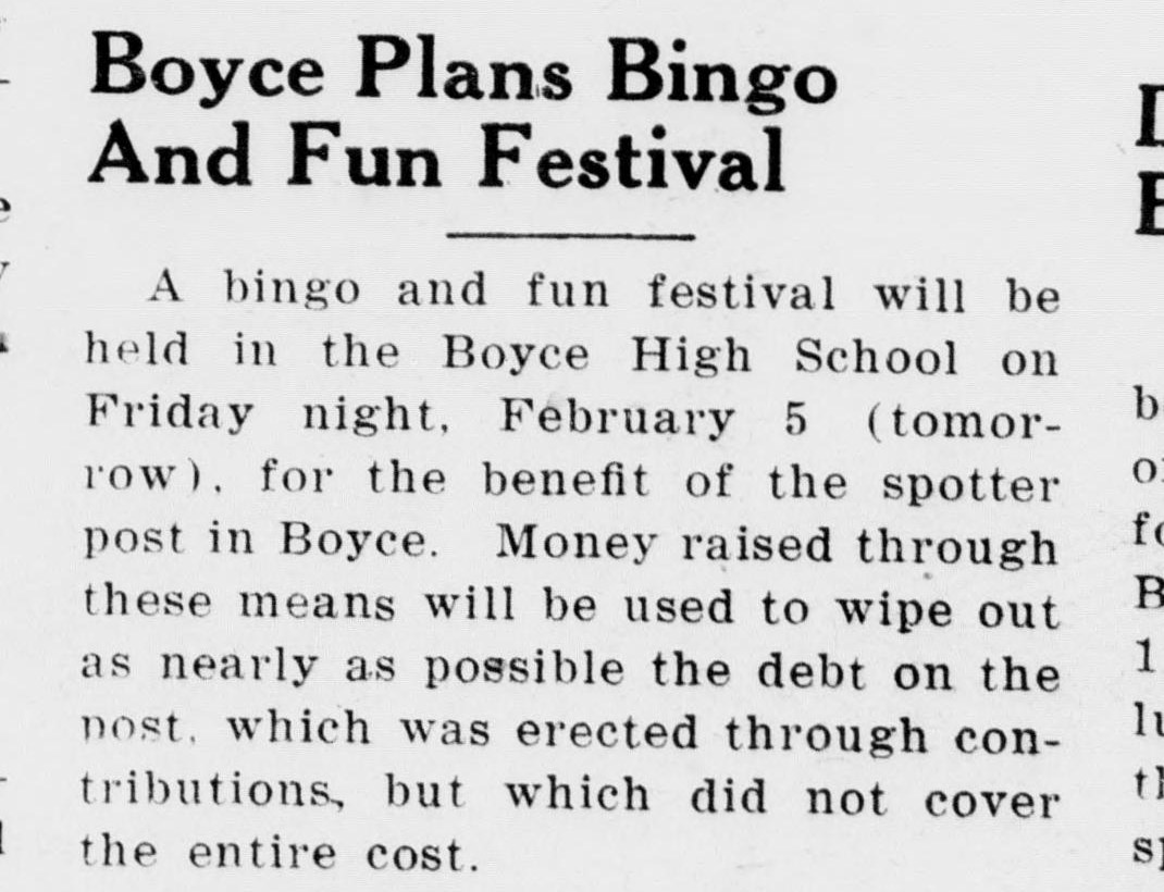 A short newspaper item headed "Boyce Plans Bingo And Fun Festival." It says a bingo and fun festival will be held in the Boyce High School on Friday night, February 5, for the benefit of the spotter post in Boyce, to wipe out the debt on the post, which contributions did not fully cover.
