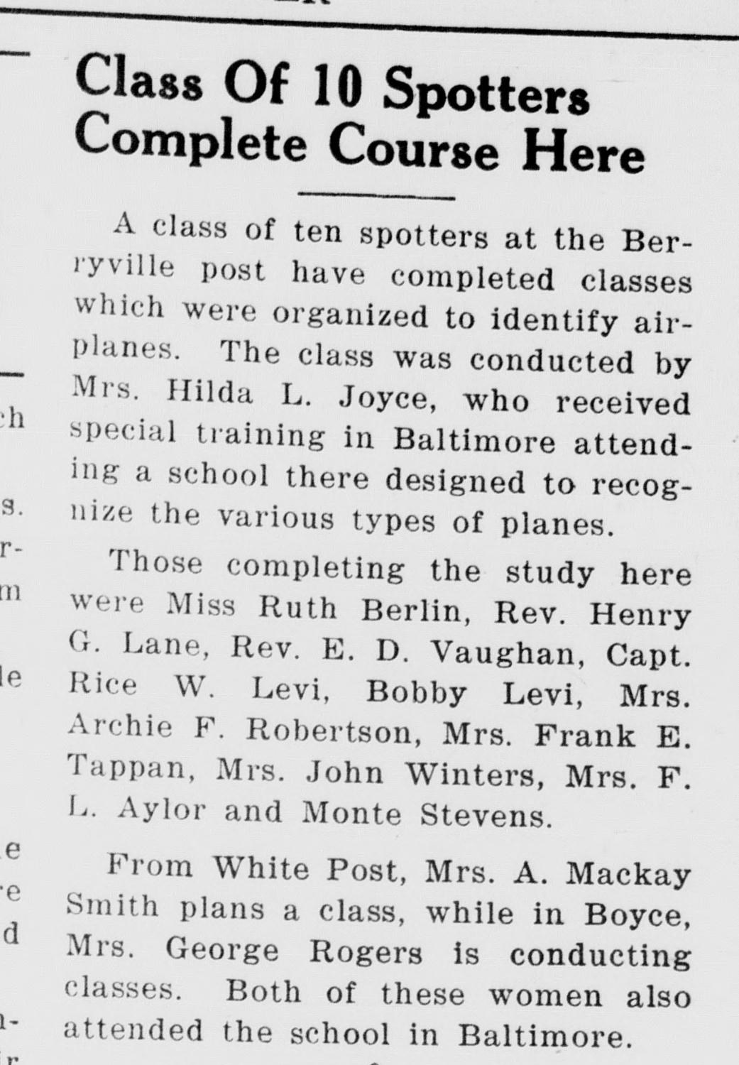 A newspaper item headed "Class Of 10 Spotters Complete Course Here." It says a class of ten spotters at the Berryville post completed classes conducted by Mrs. Hilda L. Joyce, trained in Baltimore, lists the ten by name, and reports classes planned at White Post and under way at Boyce.