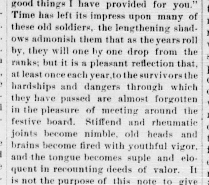 A newspaper column from a letter about the Clarke Cavalry reunion, saying that time had left its mark on the old soldiers and that each year they met around the festive board and recounted deeds of valor.