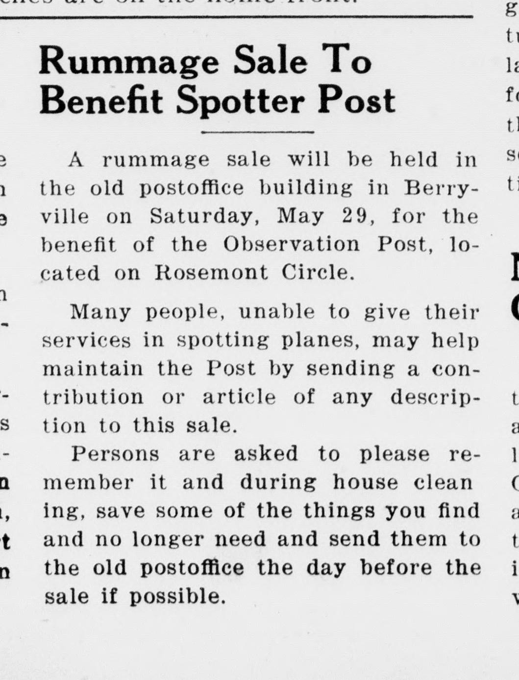 A newspaper item headed "Rummage Sale To Benefit Spotter Post." It announces a rummage sale in the old postoffice building in Berryville on Saturday, May 29, for the Observation Post on Rosemont Circle, and asks people unable to spot planes to send a contribution or article.