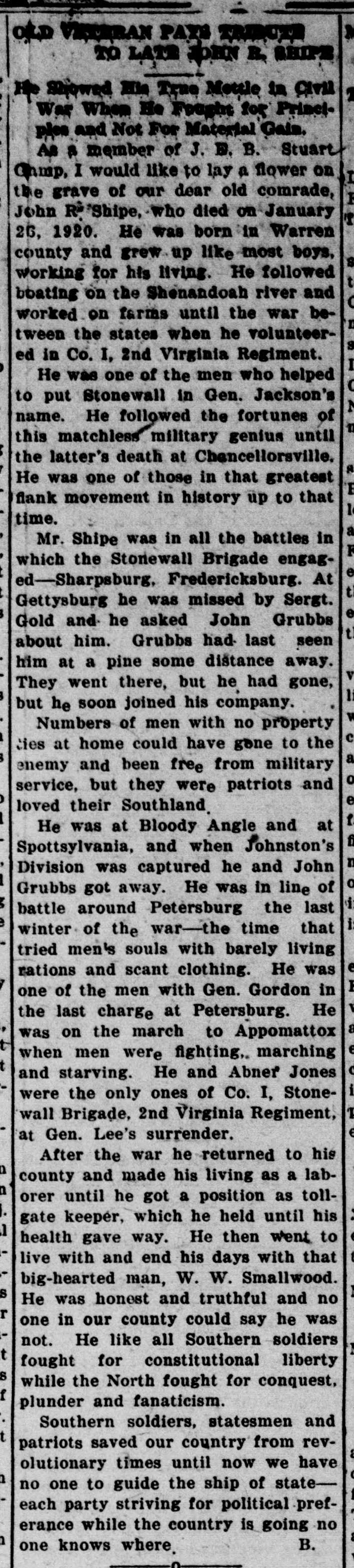 A newspaper column with a faded headline, "Old Veteran Pays Tribute to Late John R. Shipe," describing his life as a Shenandoah boatman, his service in Co. I, 2nd Virginia, from Sharpsburg to Petersburg, his presence at Lee's surrender with Abner Jones, and his later work as a tollgate keeper; the tribute is signed with the initial B.