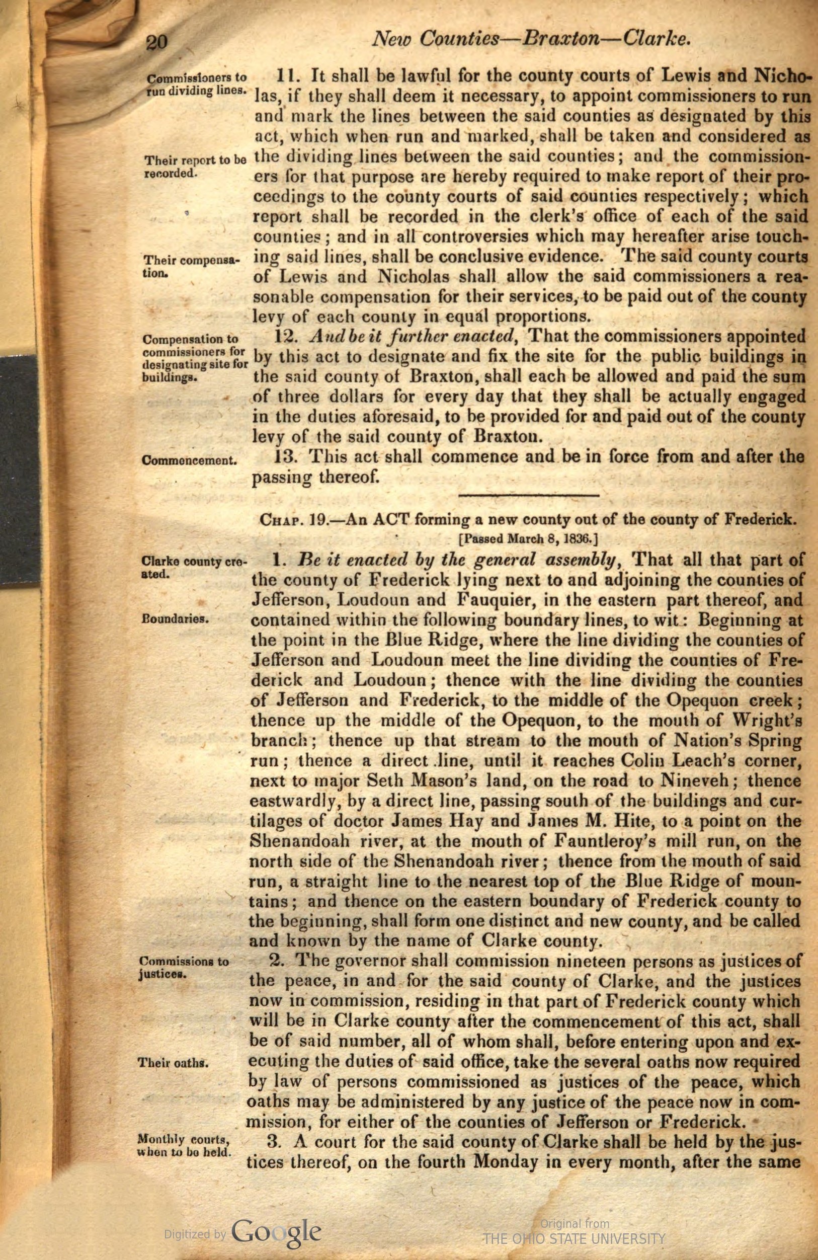 A printed page of Virginia session laws. After the closing sections of the act forming Braxton County comes the heading Chap. 19, An Act forming a new county out of the county of Frederick, Passed March 8, 1836, with the margin note Clarke county created, and the boundary of the new county ending with the words be called and known by the name of Clarke county.