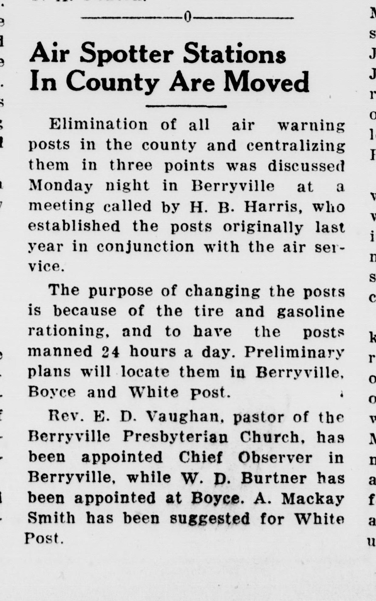 A front-page newspaper item headed "Air Spotter Stations In County Are Moved." Its three paragraphs report a meeting called by H. B. Harris on centralizing the county's air warning posts at Berryville, Boyce and White Post because of tire and gasoline rationing, and name the Rev. E. D. Vaughan, W. D. Burtner and A. Mackay Smith.