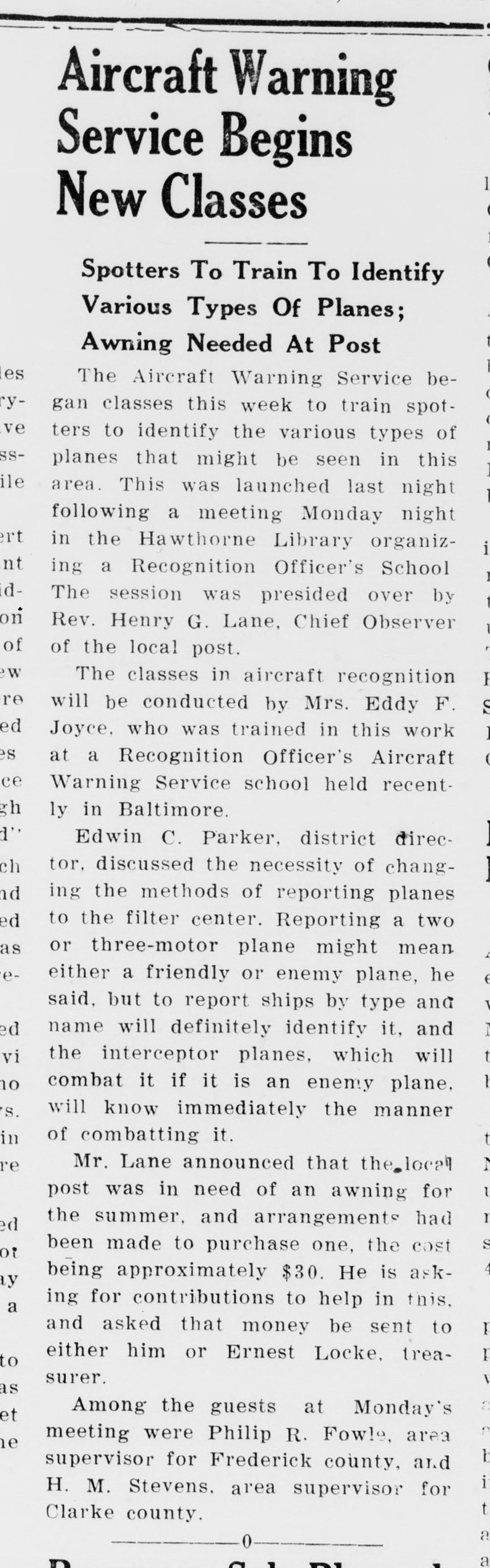 A front-page newspaper article headed "Aircraft Warning Service Begins New Classes," with the subhead "Spotters To Train To Identify Various Types Of Planes; Awning Needed At Post." It names Mrs. Eddy F. Joyce as the instructor, trained in Baltimore, reports Edwin C. Parker on reporting planes by type and name, and asks for contributions toward an awning costing about $30.