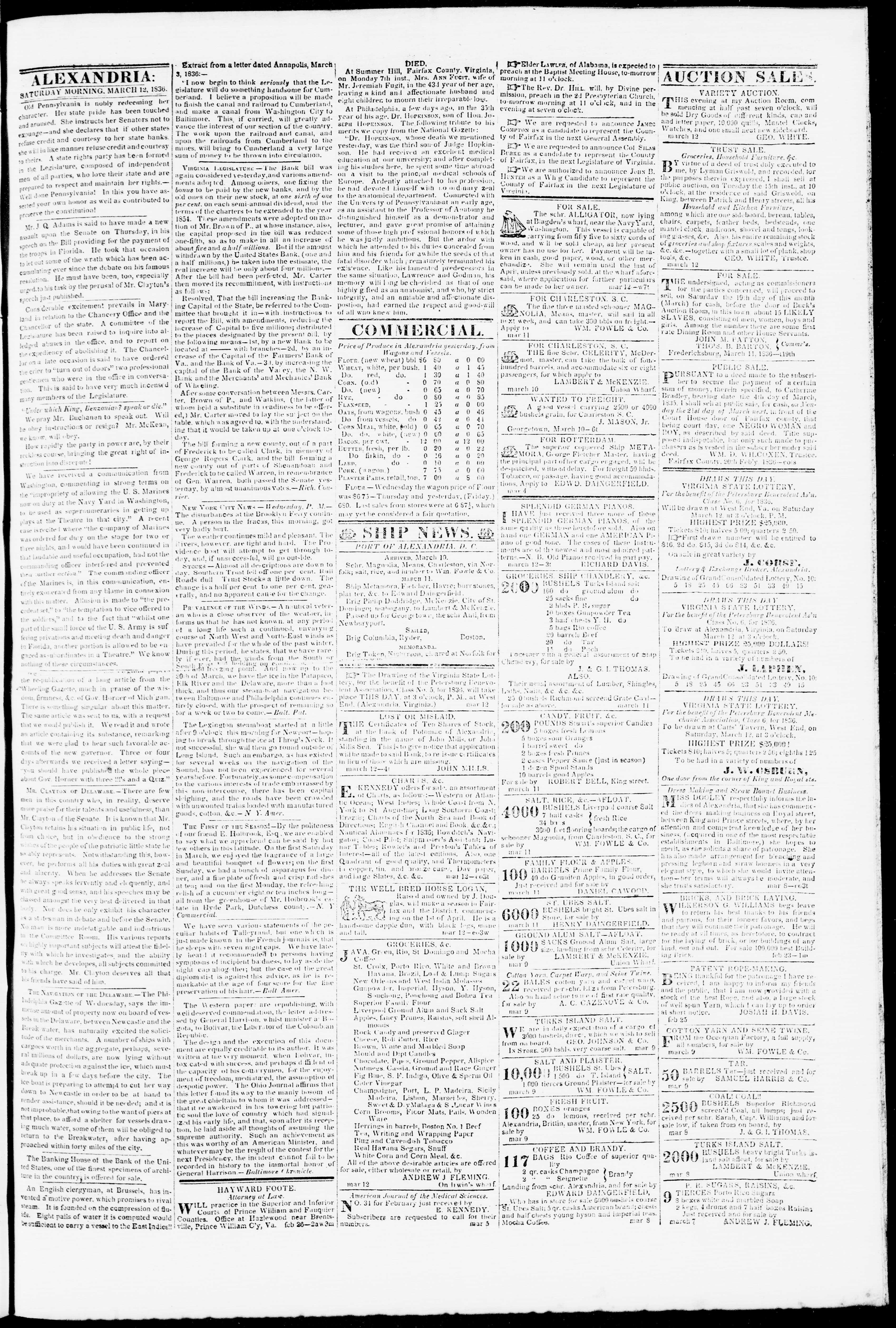 A full newspaper page of four columns of small type. In the third column a short paragraph credited to the Richmond Courier reports that the bill forming a new county out of a part of Frederick, to be called Clark, in memory of George Rogers Clark, and the bill forming Warren County both passed the Senate by almost unanimous votes.