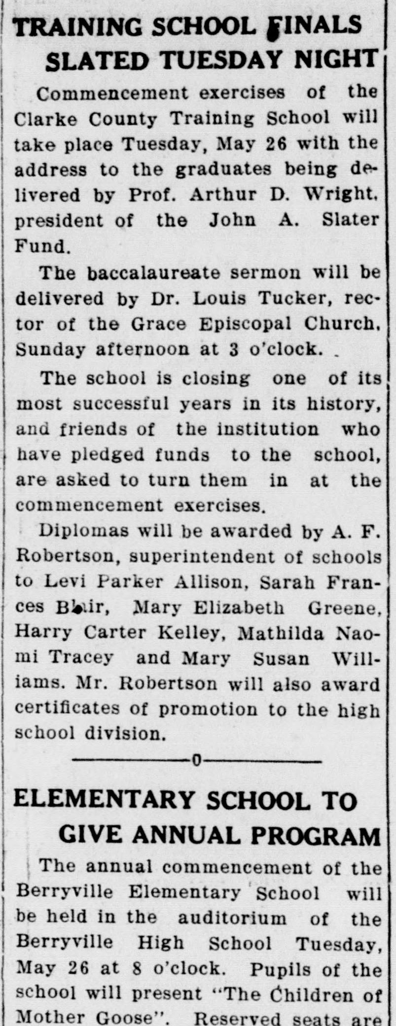 A newspaper item headed "Training School Finals Slated Tuesday Night." It names the speaker and the baccalaureate preacher, asks friends who pledged funds to turn them in at the exercises, and lists the diploma recipients. An elementary-school program notice follows below a rule.