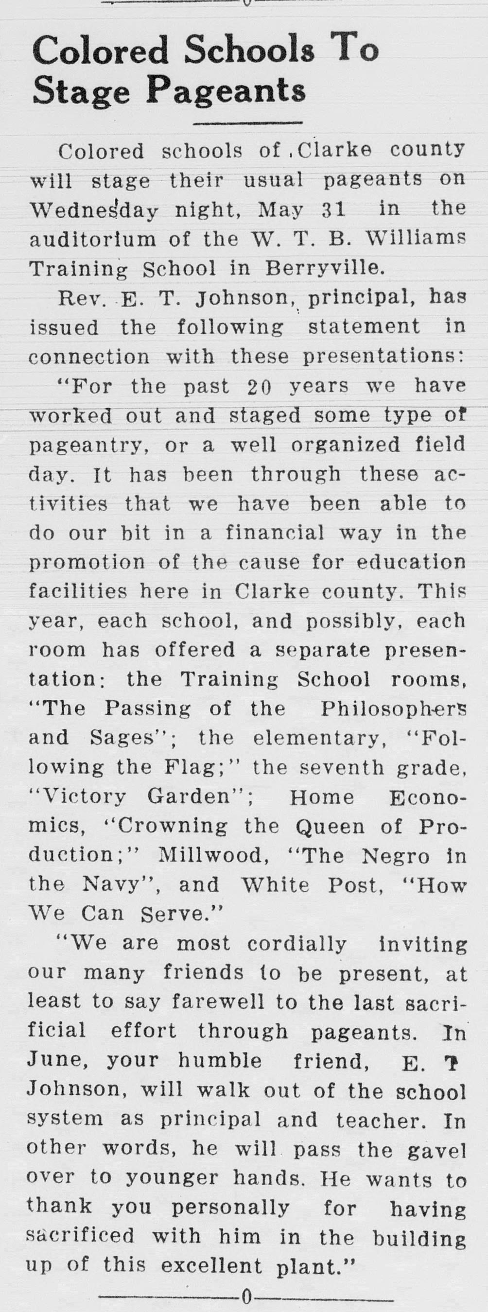 A newspaper item headed "Colored Schools to Stage Pageants": the May 31 pageants in the W. T. B. Williams Training School auditorium and a statement by the Rev. E. T. Johnson listing each school's presentation and bidding farewell to the pageants before he leaves the school system in June.