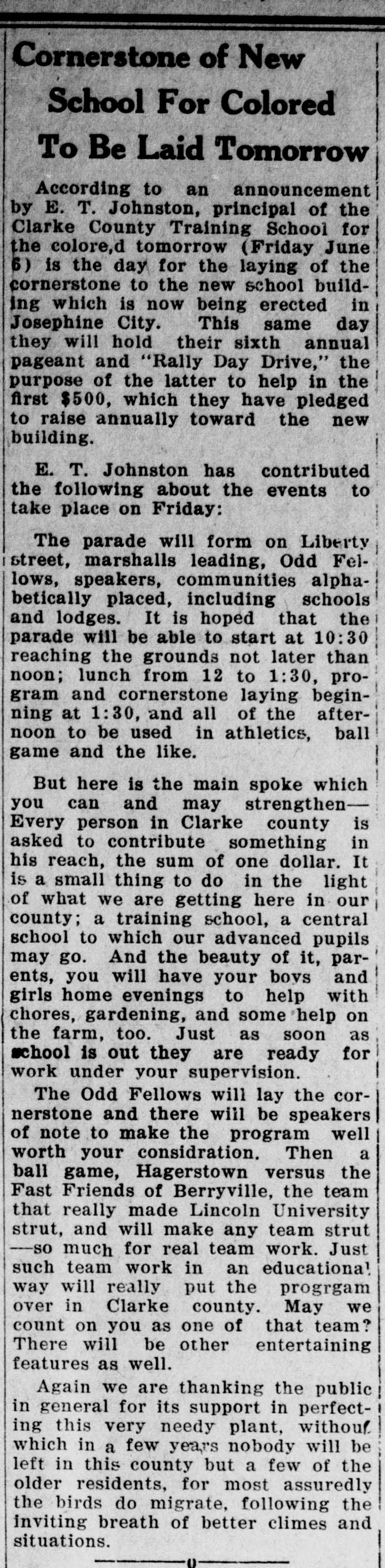 A newspaper column headed "Cornerstone of New School For Colored To Be Laid Tomorrow." It reports the principal's announcement of the cornerstone laying and the Rally Day Drive, then his program for the day: a parade forming on Liberty Street, lunch, the cornerstone laying by the Odd Fellows, a ball game, and an appeal for one dollar from every person in the county.