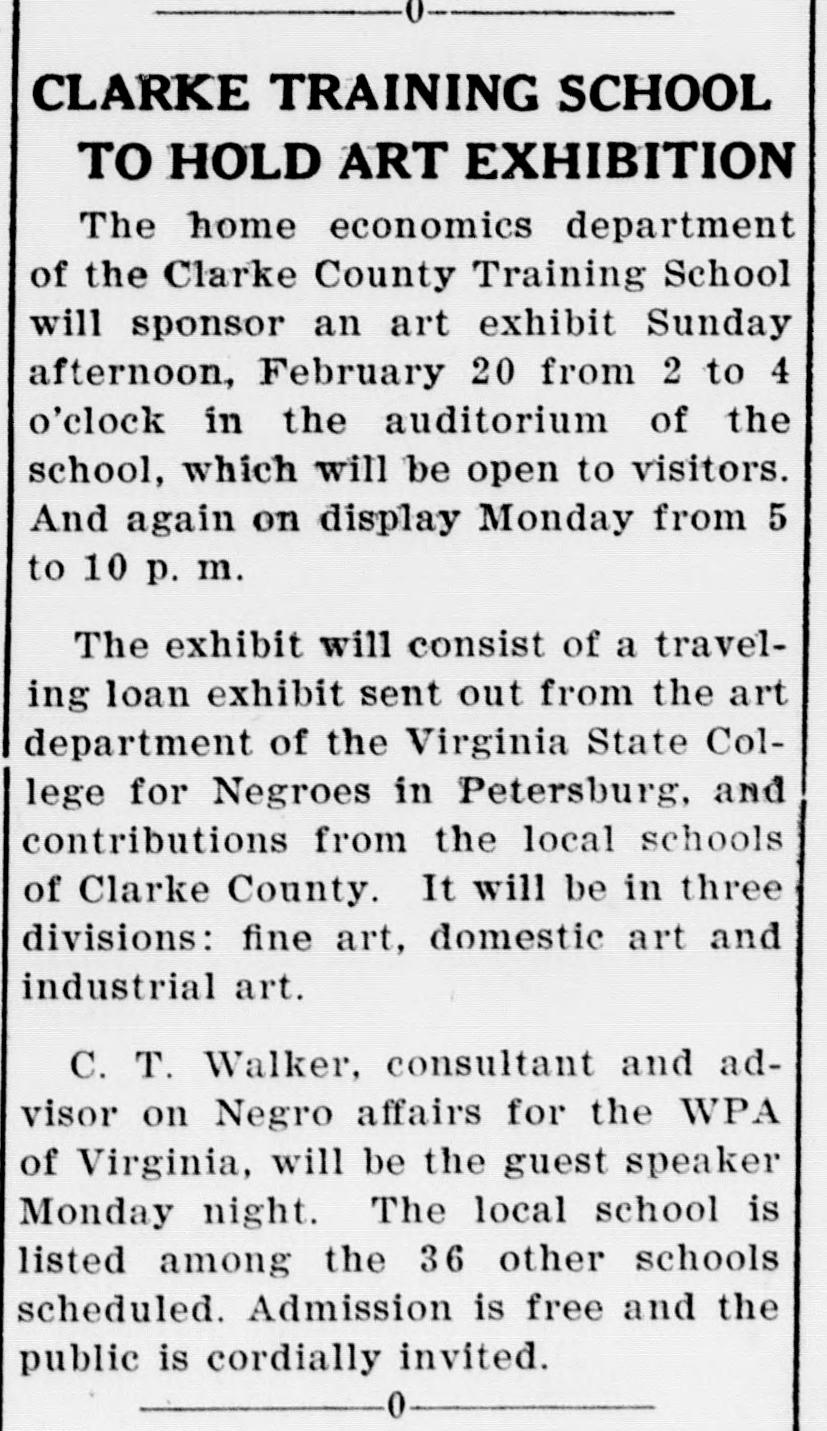 A newspaper item headed "Clarke Training School To Hold Art Exhibition." It gives the Sunday and Monday showings in the school auditorium, the traveling loan exhibit from the Virginia State College for Negroes in Petersburg, the three divisions of art, and a guest speaker.