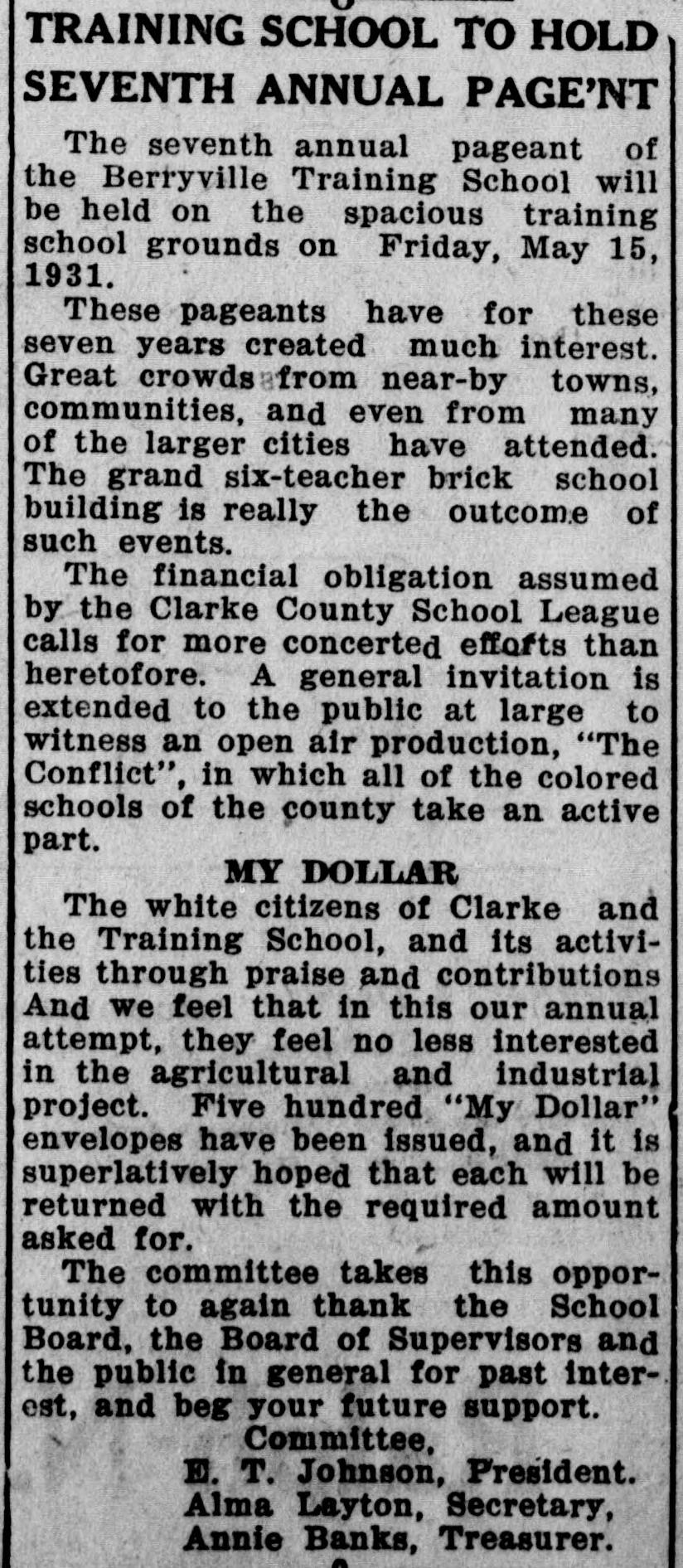 A newspaper item headed "Training School to Hold Seventh Annual Page'nt": the May 15, 1931 pageant, the financial obligation assumed by the Clarke County School League, the open-air production "The Conflict," five hundred "My Dollar" envelopes, and the committee of E. T. Johnson, Alma Layton and Annie Banks.