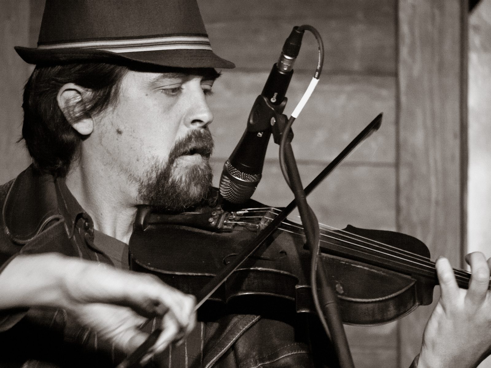 A monochrome photograph of a fiddler leaning in to a microphone on a stand, seen in three-quarter profile from his left. He wears a dark trilby with a striped band over collar-length dark hair, and has a moustache and a short beard. A dark violin is tucked under his chin and the bow is drawn across the strings, his left hand high on the fingerboard at the right of the frame. A microphone cable loops down in front of him. Behind him is a wall of wide horizontal boards with an upright post at the right; no sign, window or lettering is visible.