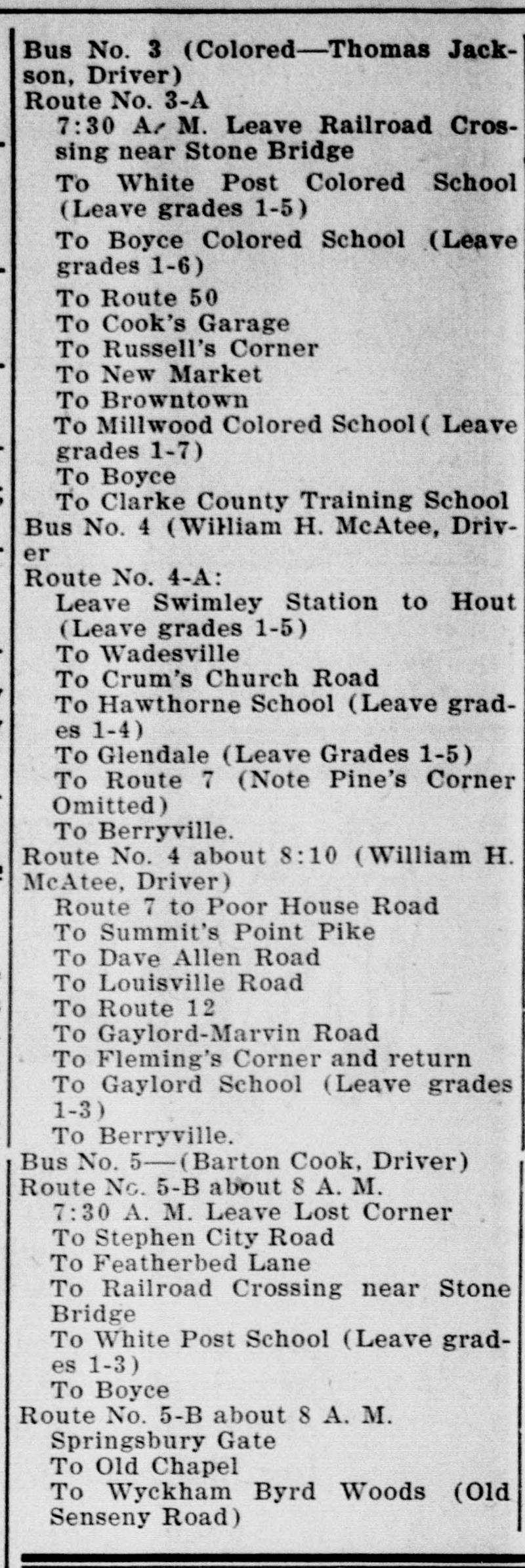 A newspaper column of route listings in short lines. At the top, "Bus No. 3 (Colored—Thomas Jackson, Driver)" and Route No. 3-A run from the railroad crossing near Stone Bridge past three colored schools to the Clarke County Training School; routes for Buses 4 and 5 follow.