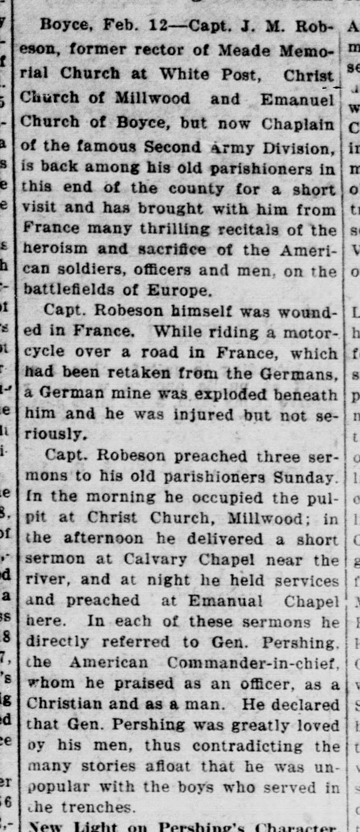 A newspaper column datelined Boyce, February 12, on Capt. J. M. Robeson, chaplain of the Second Division, wounded in France, who preached three sermons in one Sunday at Christ Church, Calvary Chapel and Emanuel Chapel.