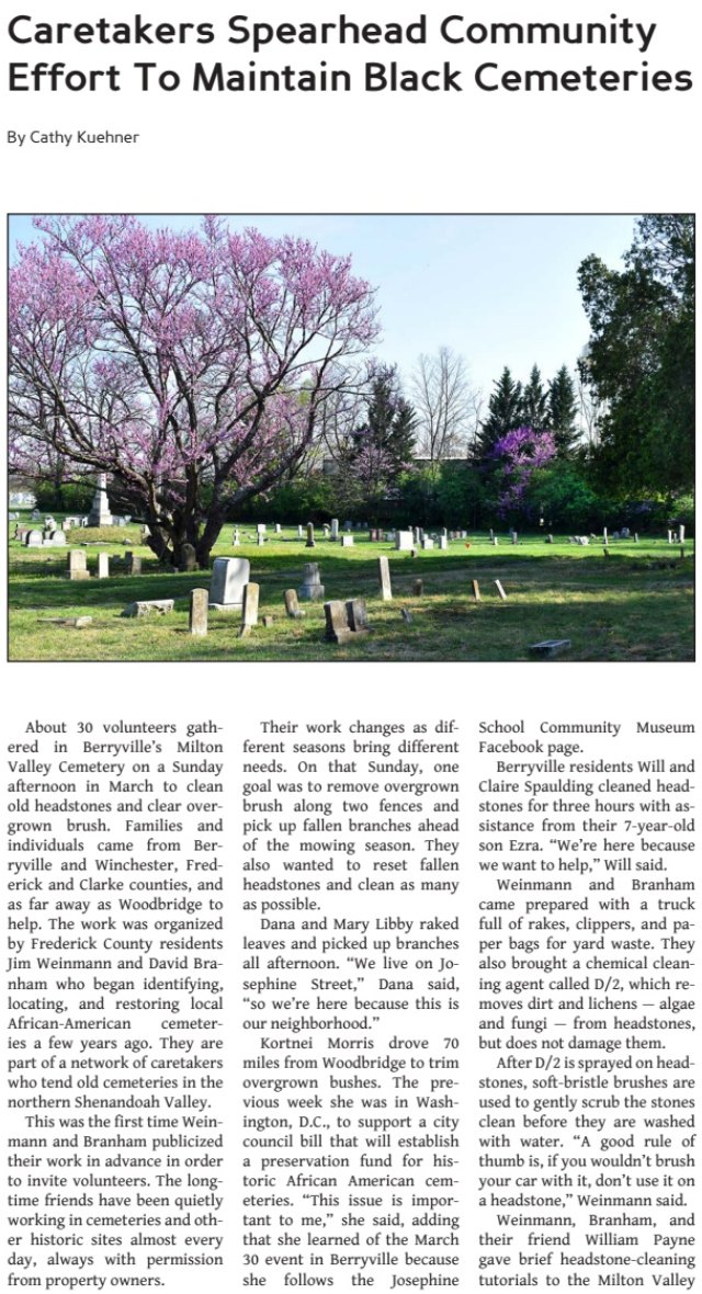 A magazine page headed Caretakers Spearhead Community Effort To Maintain Black Cemeteries, by Cathy Kuehner, with a color photograph of rows of headstones on a grassy slope under a flowering redbud tree, above three columns of text that begin by reporting that about 30 volunteers gathered in Milton Valley Cemetery on a Sunday afternoon in March.