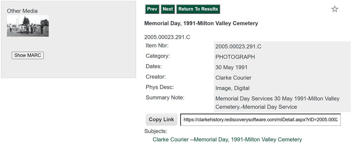 A web catalog page. At left is a small thumbnail of a black-and-white photograph of people standing in a cemetery. At right, the record is titled Memorial Day, 1991-Milton Valley Cemetery, item 2005.00023.291.C, category Photograph, dated 30 May 1991, creator Clarke Courier, physical description Image, Digital, with the summary note Memorial Day Services 30 May 1991 at Milton Valley Cemetery.