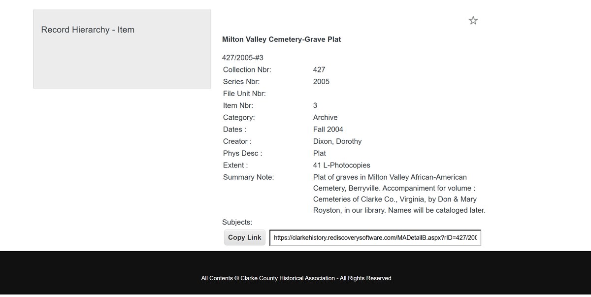 A web catalog page for the record Milton Valley Cemetery-Grave Plat, 427/2005-#3: collection 427, series 2005, item 3, category Archive, dated Fall 2004, with the compiler credited as creator, physical description Plat, extent 41 leaves of photocopies, and a summary note calling it a plat of graves in Milton Valley African-American Cemetery, Berryville, accompanying Don and Mary Royston's volume on Clarke County cemeteries. The site's copyright line runs along the foot.