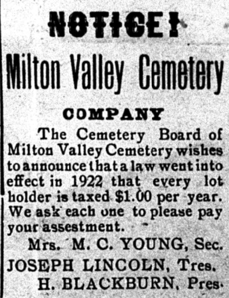 A newspaper notice headed "NOTICE!" and "Milton Valley Cemetery COMPANY." It announces that under a law in effect since 1922 every lot holder is taxed $1.00 per year, asks each to pay the assessment, and is signed Mrs. M. C. Young, Sec.; Joseph Lincoln, Tres.; and H. Blackburn, Pres.