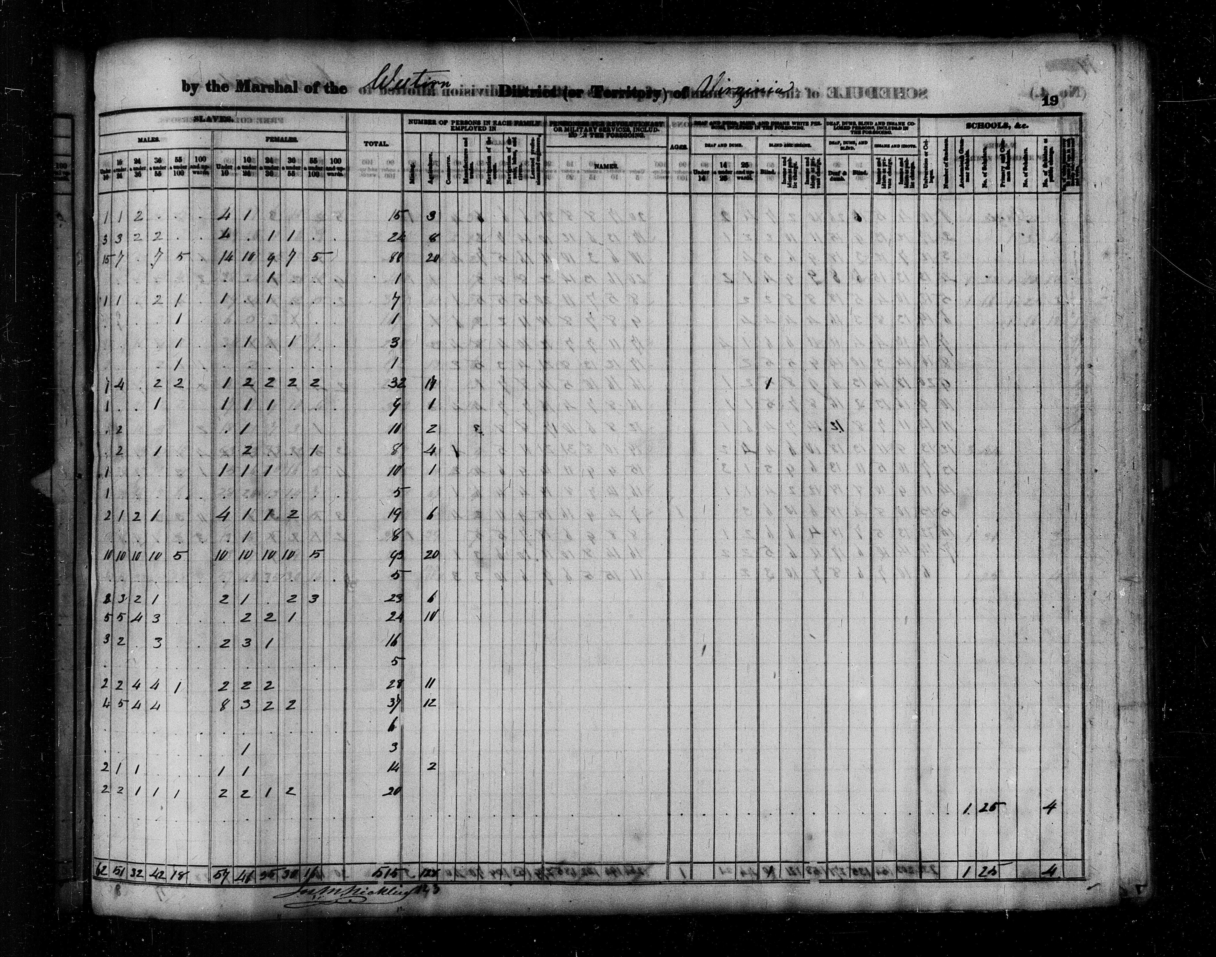 A handwritten census page of narrow ruled columns filled with small figures giving enslaved males and females by age group for each household, a total column, and further columns, with a signature at the foot.
