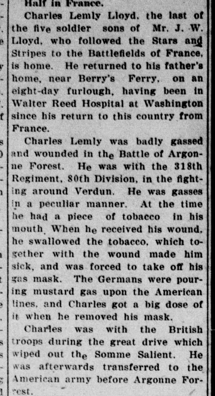 A newspaper column reporting that Charles Lemly Lloyd, the last of the five soldier sons of J. W. Lloyd, had come home from Walter Reed Hospital, and telling how he was gassed in the Argonne Forest.