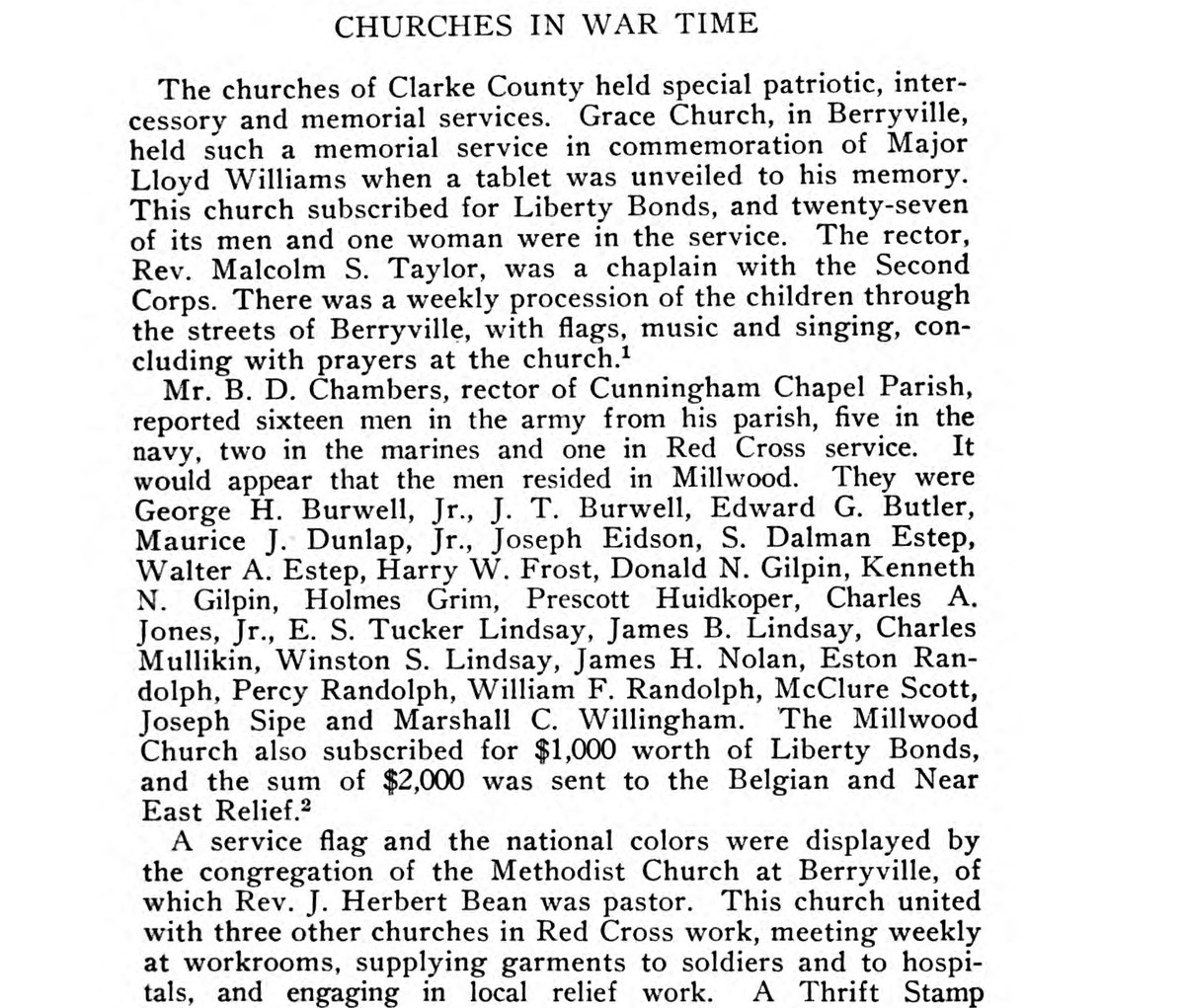 A printed book page under the heading "Churches in War Time," on Grace Church and its rector, Cunningham Chapel Parish and the twenty-four men it named, and the Methodist church at Berryville.