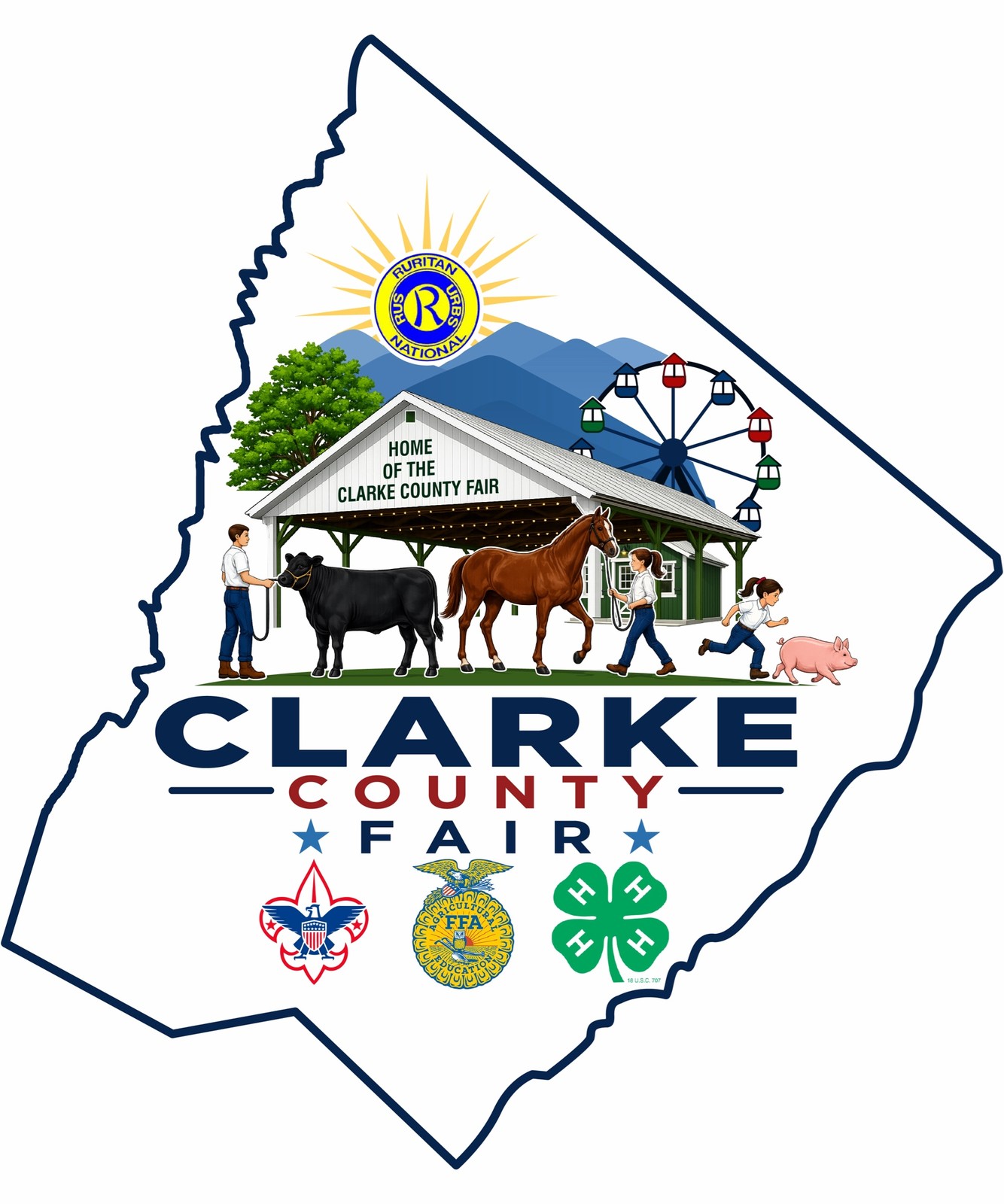 A stylized outline of Clarke County containing a white pavilion labeled “Home of the Clarke County Fair,” with a tree, mountains and a Ferris wheel behind it. In front, a boy leads a black steer, a girl leads a horse, another girl leads a pig, past the pavilion. A Ruritan National seal shines above the roofline. Below, “Clarke County Fair” in large letters, with the Boy Scouts, FFA and 4-H emblems beneath.