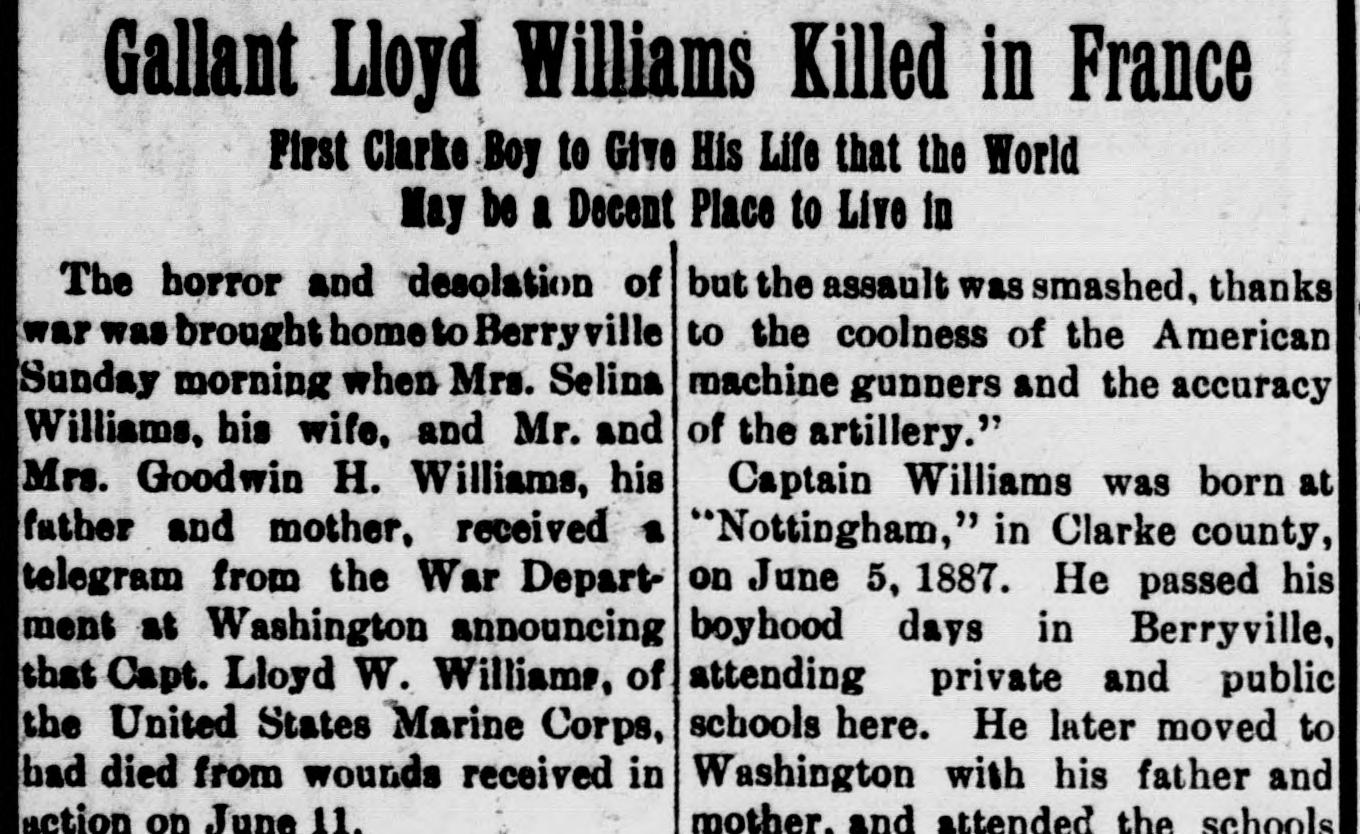 A front-page newspaper item headed Gallant Lloyd Williams Killed in France, First Clarke Boy to Give His Life, opening with the telegram to his wife and parents that he had died from wounds received in action on June 11.