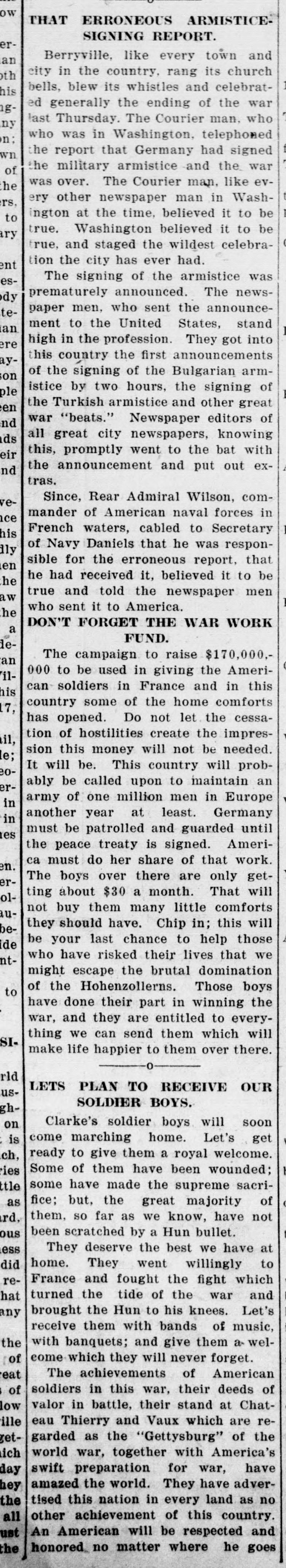 A long newspaper column headed "THAT ERRONEOUS ARMISTICE-SIGNING REPORT." It says Berryville rang its church bells and blew its whistles on a report, telephoned by the Courier's man in Washington, that Germany had signed the armistice, and that the signing had been prematurely announced.
