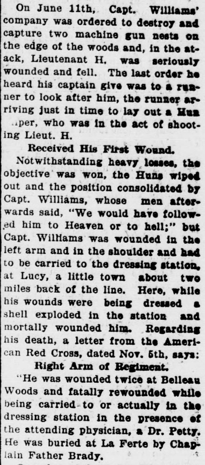 A column of newspaper text telling how on June 11 his company attacked two machine gun nests, how he was wounded in the left arm and shoulder and carried to the dressing station at Lucy, and quoting a Red Cross letter on his burial.