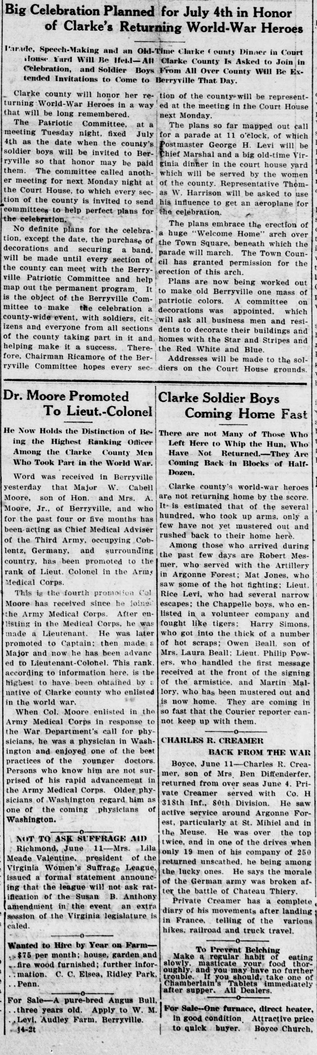 A long front-page newspaper column headed "Big Celebration Planned for July 4th in Honor of Clarke's Returning World-War Heroes," describing plans for a parade, speeches, a dinner in the court house yard and a "Welcome Home" arch over the Town Square.