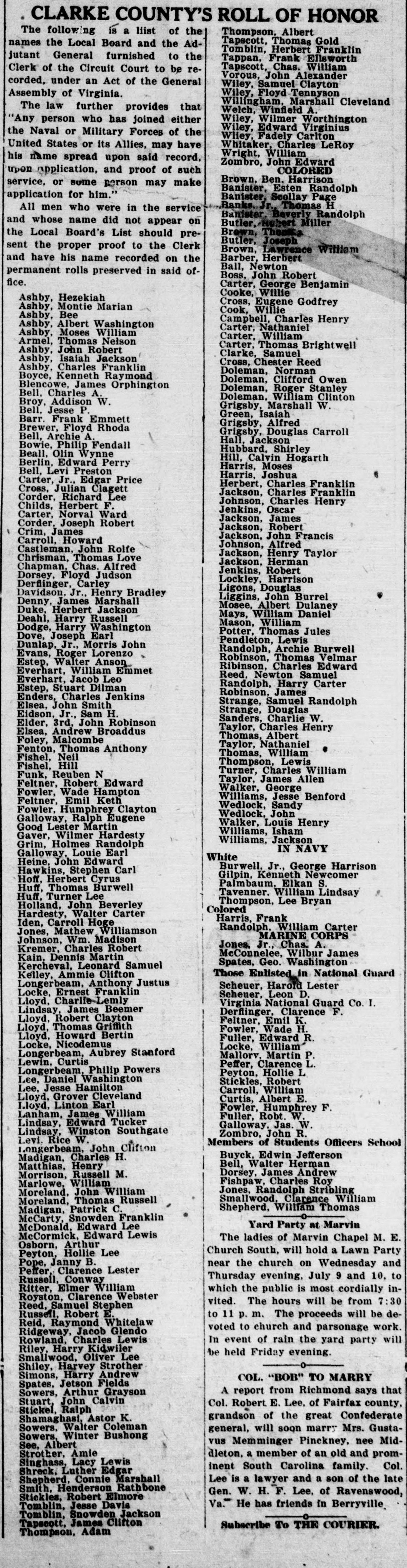 A tall newspaper column headed "CLARKE COUNTY'S ROLL OF HONOR," with a short introduction about recording the names with the Clerk of the Circuit Court, followed by long lists of names, the second list headed "COLORED".