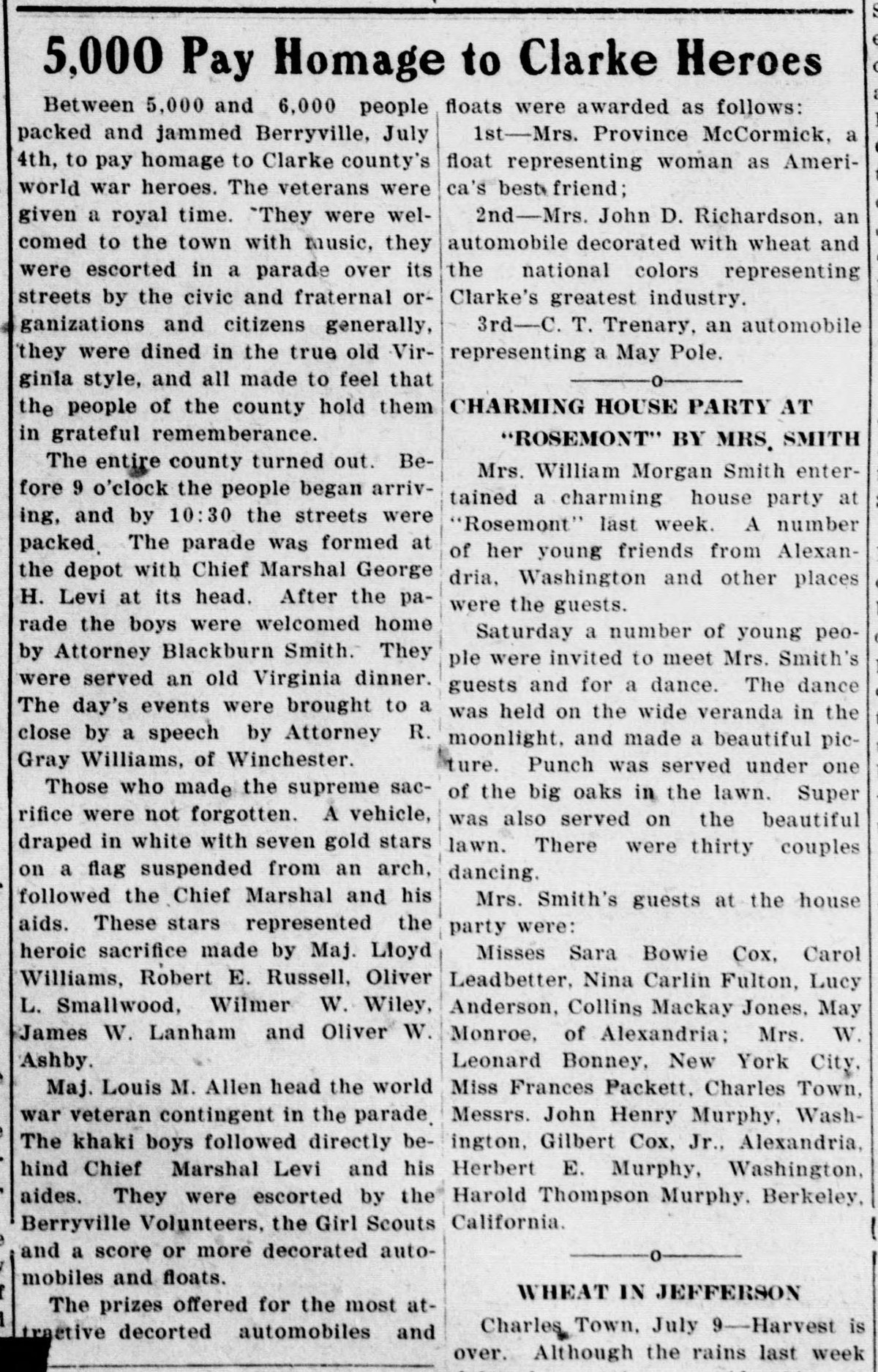 A newspaper column headed "5,000 Pay Homage to Clarke Heroes." Part of it describes a vehicle draped in white with seven gold stars on a flag, representing Maj. Lloyd Williams, Robert E. Russell, Oliver L. Smallwood, Wilmer W. Wiley, James W. Lanham and Oliver W. Ashby. A second column beside it reports a house party and dance.