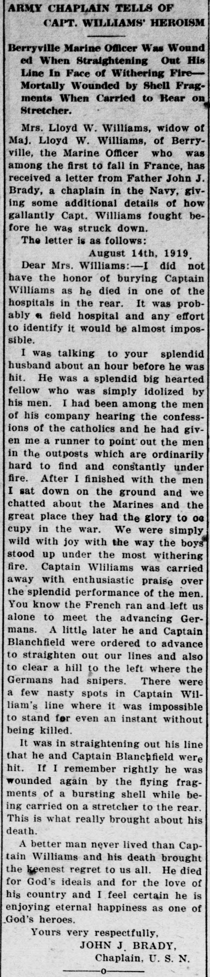 A long newspaper item headed Army Chaplain Tells of Capt. Williams' Heroism, printing a letter of August 14, 1919 from Father John J. Brady, Chaplain, U.S.N., to Mrs. Williams about the day her husband was wounded.