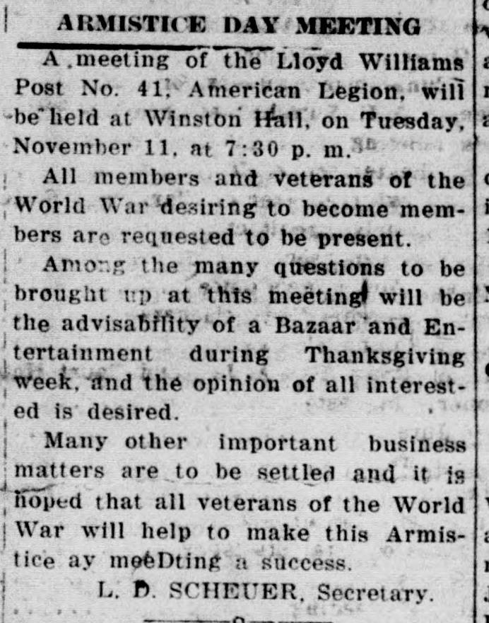 A short newspaper notice headed "ARMISTICE DAY MEETING," announcing a meeting of the Lloyd Williams Post No. 41, American Legion, at Winston Hall on Tuesday, November 11, at 7:30 p.m., signed by L. D. Scheuer, Secretary.