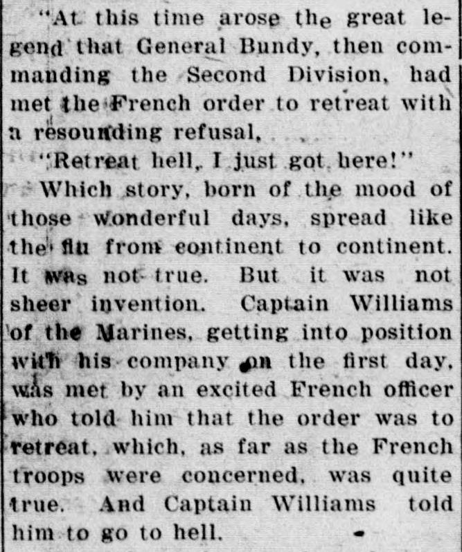 A paragraph of newspaper text on the legend of General Bundy's reply, Retreat hell, I just got here, saying it was not true but not sheer invention, and that Captain Williams told a French officer to go to hell.