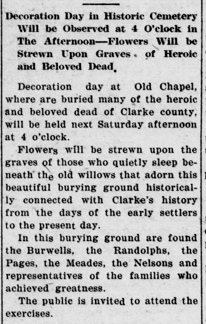 A newspaper item with a long headline beginning "Decoration Day in Historic Cemetery Will be Observed at 4 O'clock in The Afternoon," announcing that flowers will be strewn on the graves at Old Chapel and inviting the public.