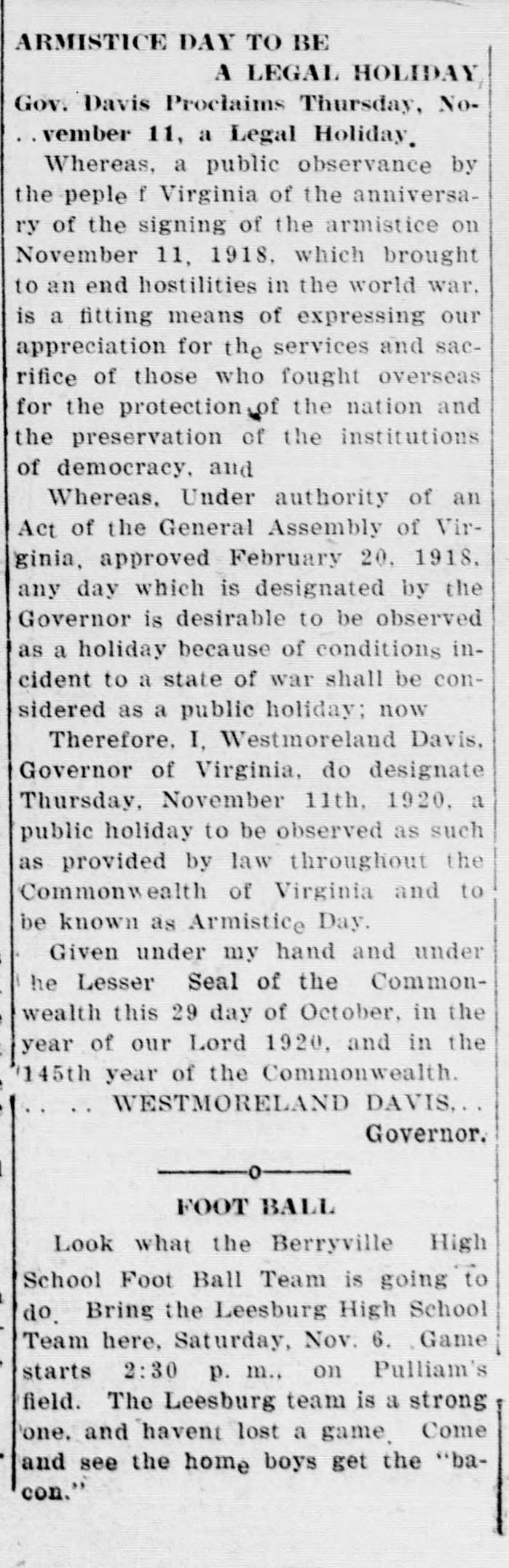 A newspaper column headed "ARMISTICE DAY TO BE A LEGAL HOLIDAY" with the deck "Gov. Davis Proclaims Thursday, November 11, a Legal Holiday," followed by the text of the proclamation.