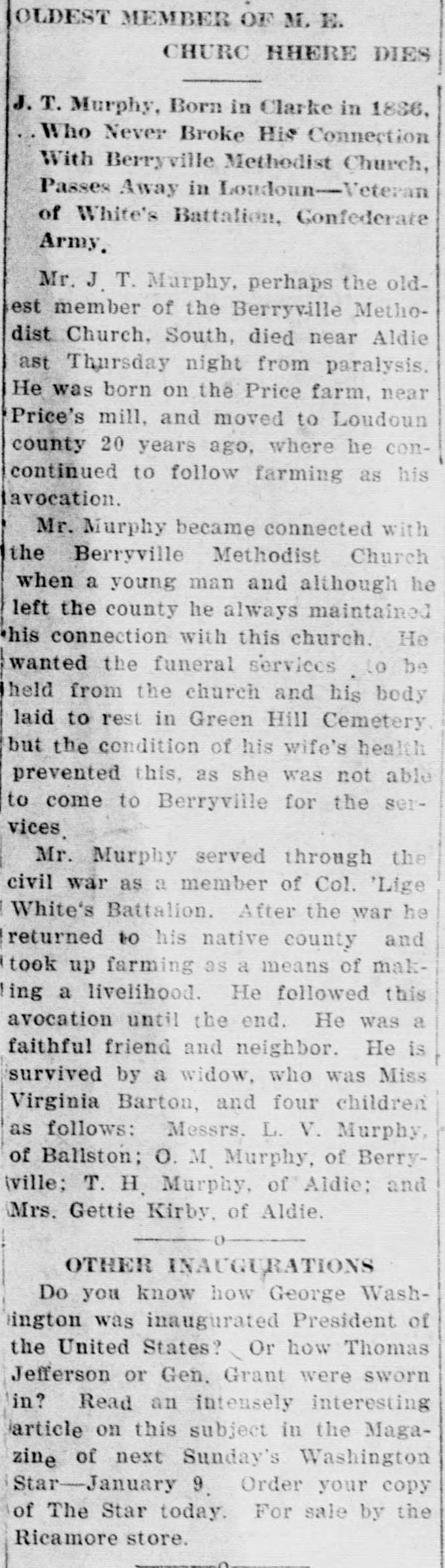 A cropped piece of a page of the Clarke Courier of January 6, 1921, showing a long newspaper column headed OLDEST MEMBER OF M. E. CHURC HHERE DIES, with a deck naming J. T. Murphy and White's Battalion, followed by the obituary text.