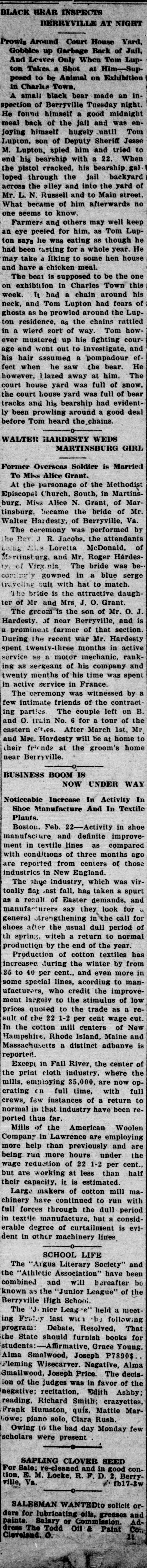 A cropped piece of a page of the Clarke Courier of February 24, 1921, showing a newspaper column headed WALTER HARDESTY WEDS MARTINSBURG GIRL, with a deck calling him a former overseas soldier, followed by a wedding notice.