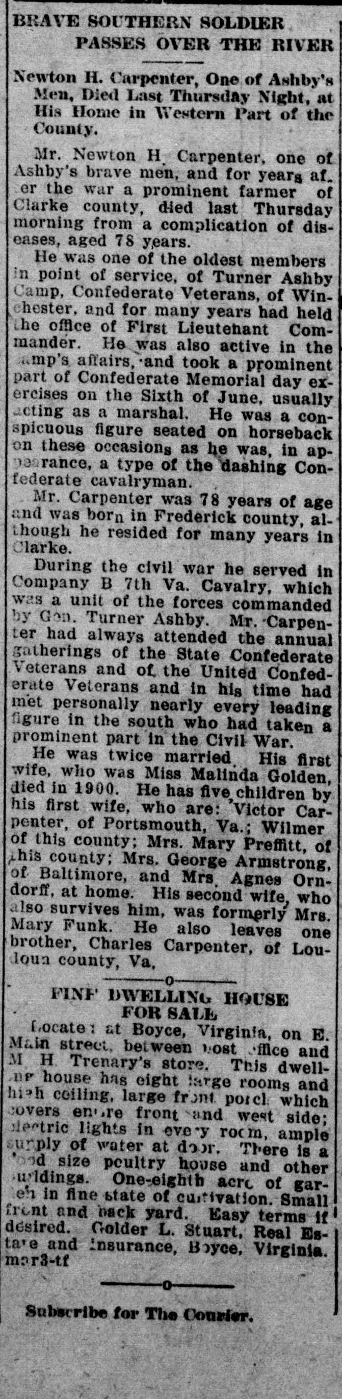 A cropped piece of a page of the Clarke Courier of March 17, 1921, showing a long newspaper column headed BRAVE SOUTHERN SOLDIER PASSES OVER THE RIVER, with a deck naming Newton H. Carpenter, One of Ashby's Men, followed by the obituary text.