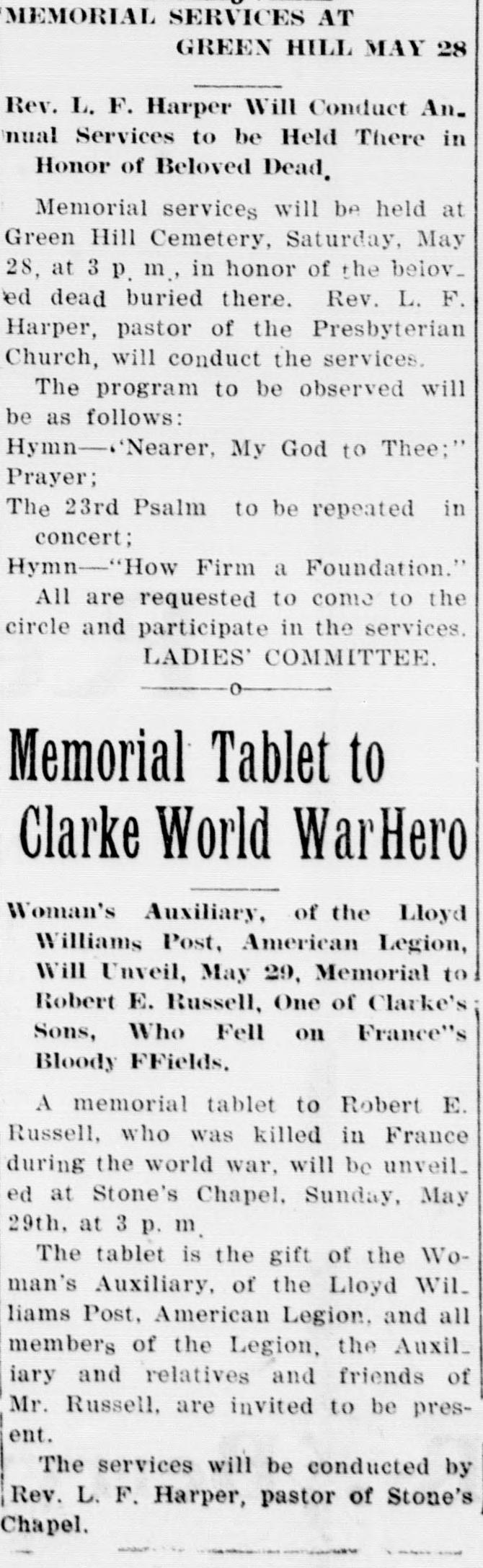 A cropped piece of a page of the Clarke Courier of May 26, 1921, showing a newspaper column headed Memorial Tablet to Clarke World War Hero, with a deck about the Woman's Auxiliary of the Lloyd Williams Post, American Legion, and a short notice of the unveiling of a tablet to Robert E. Russell at Stone's Chapel.