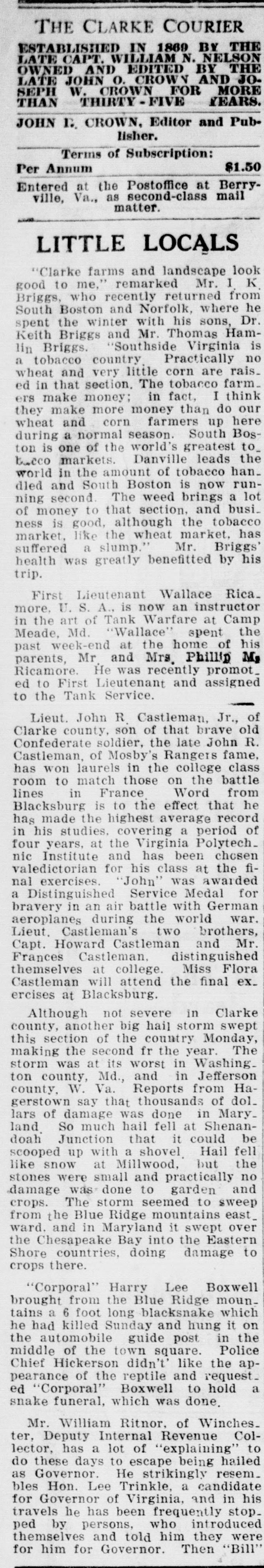 A cropped piece of a page of the Clarke Courier of May 26, 1921, showing a newspaper column of local news items with a paragraph on Lieut. John R. Castleman, Jr., of Clarke county, his record at Blacksburg and his Distinguished Service Medal.