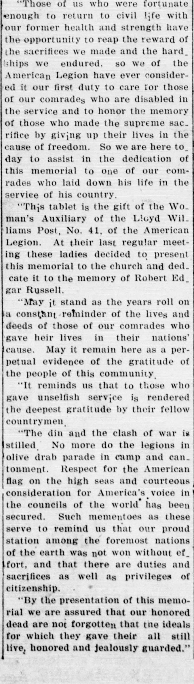 A cropped piece of a page of the Clarke Courier of June 2, 1921, showing a long newspaper column of a quoted speech about the duty of the American Legion to disabled comrades and to those who gave their lives.