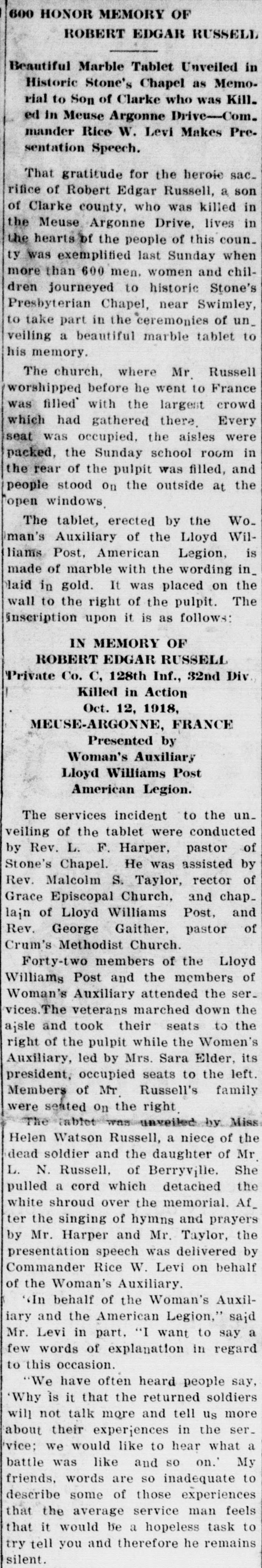 A cropped piece of a page of the Clarke Courier of June 2, 1921, showing a long newspaper column headed 600 HONOR MEMORY OF ROBERT EDGAR RUSSELL, with a deck about a marble tablet unveiled at Stone's Chapel, followed by the report, including the inscription on the tablet.