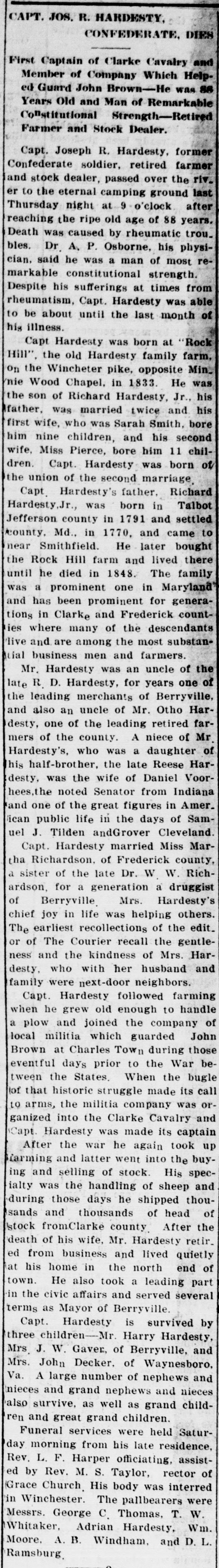 A cropped piece of a page of the Clarke Courier of June 30, 1921, showing a very long newspaper column headed CAPT. JOS. R. HARDESTY, CONFEDERATE, DIES, with a deck about the first captain of the Clarke Cavalry, followed by the obituary text.
