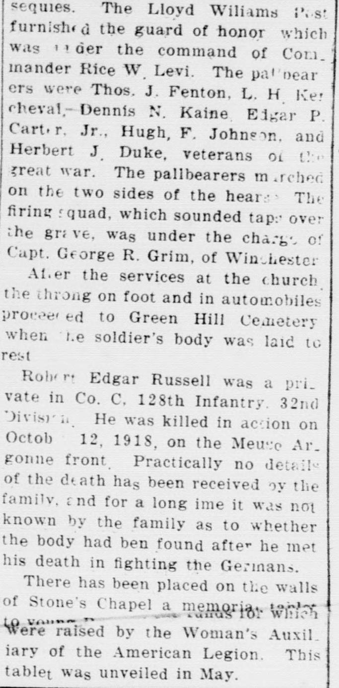 A cropped piece of a page of the Clarke Courier of September 15, 1921, showing a newspaper column that begins mid-word, naming the guard of honor and the pallbearers, the burial at Green Hill Cemetery and the military service of Robert Edgar Russell.