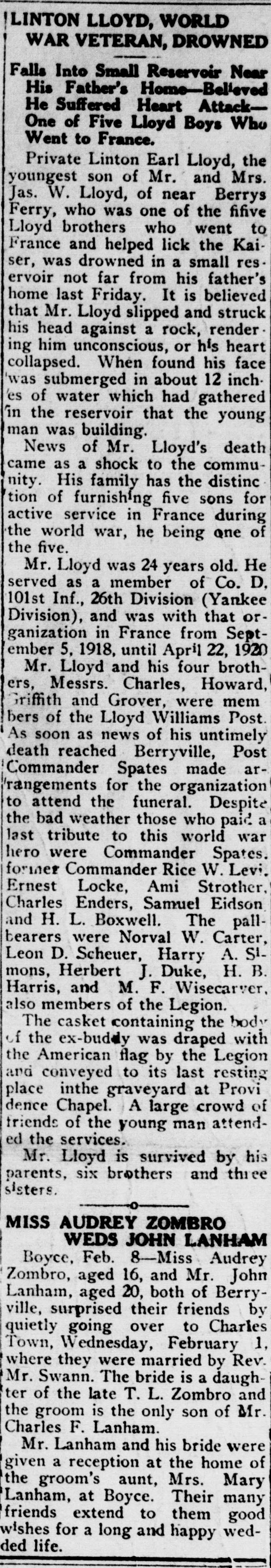 A cropped piece of a page of the Clarke Courier of February 9, 1922, showing a long newspaper column headed LINTON LLOYD, WORLD WAR VETERAN, DROWNED, with a deck about a fall into a small reservoir, followed by the report of his death, service and funeral.
