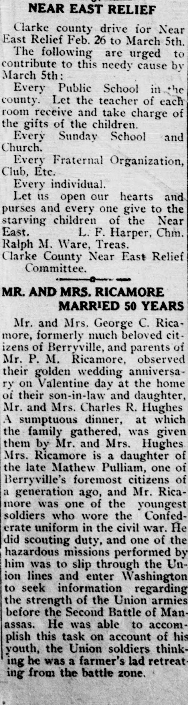 A cropped piece of a page of the Clarke Courier of February 23, 1922, showing a newspaper column headed MR. AND MRS. RICAMORE MARRIED 50 YEARS, reporting a golden wedding anniversary dinner at the home of Mr. and Mrs. Charles R. Hughes.