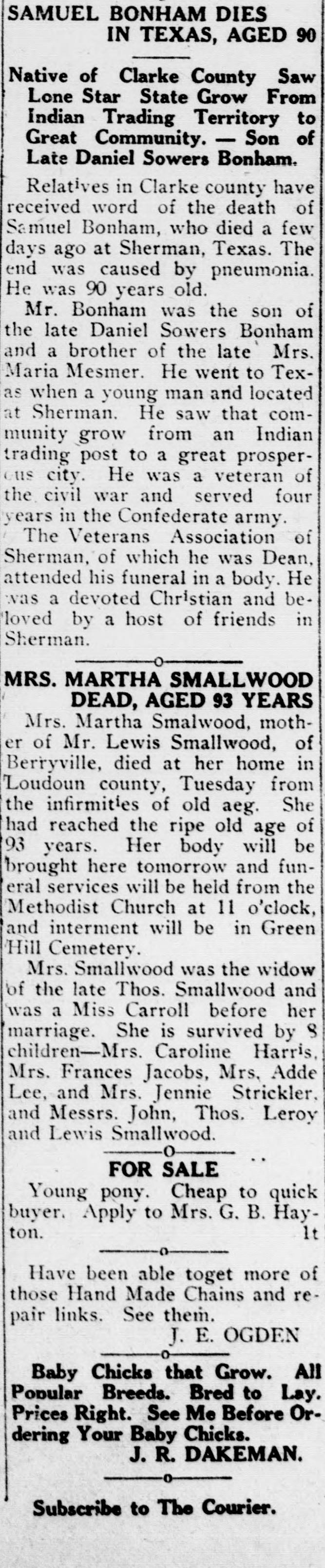 A cropped piece of a page of the Clarke Courier of March 2, 1922, showing a newspaper column headed SAMUEL BONHAM DIES IN TEXAS, AGED 90, with a deck calling him a native of Clarke County, followed by the obituary text.