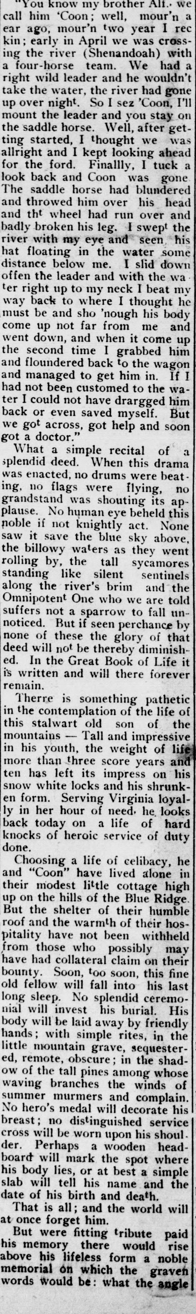 A cropped piece of a page of the Clarke Courier of June 29, 1922, showing a very long newspaper column of a letter that begins mid-sentence, with a quoted first-person story about crossing a river with a four-horse team and a rescue from the water.