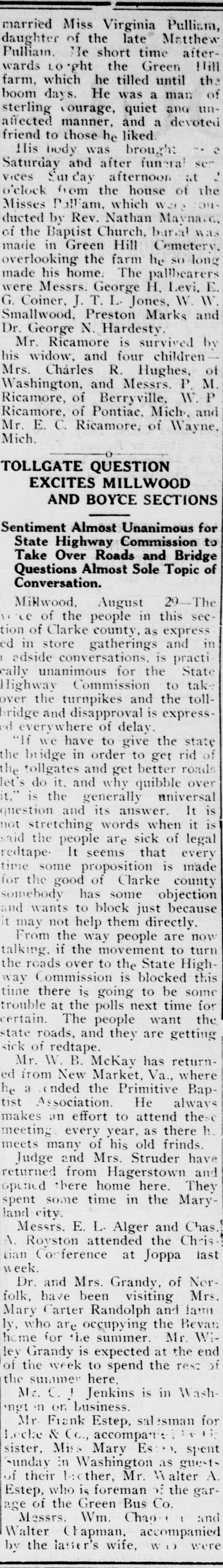 A cropped piece of a page of the Clarke Courier of August 31, 1922, showing a newspaper column that continues an obituary, with several words broken at the edges, running through the burial in Green Hill Cemetery to the list of survivors.